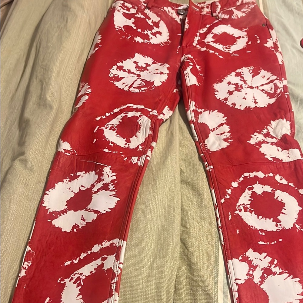 100% Authentic Area  Red Tie-Dye Leather Pants